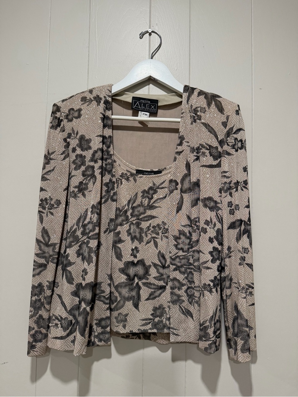 Alex Evenings Beige Jacket with Charcoal Floral Print